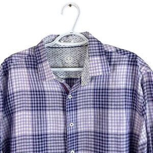 Bugatchi Uomo Shaped Fit Linen Shirt Mens XL Purple Plaid L/S Flip Cuff ButtonUp